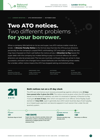 Cover of the Rebound Advisory Lender Briefing on ATO enforcement, October 2026